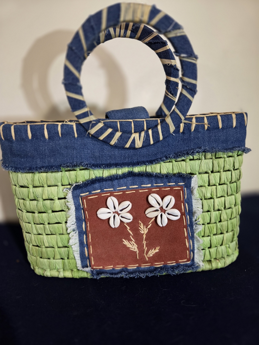 Preston & York Straw Cornhusk Mini Tote Handbag Green Hoop Handle Shell Flowers